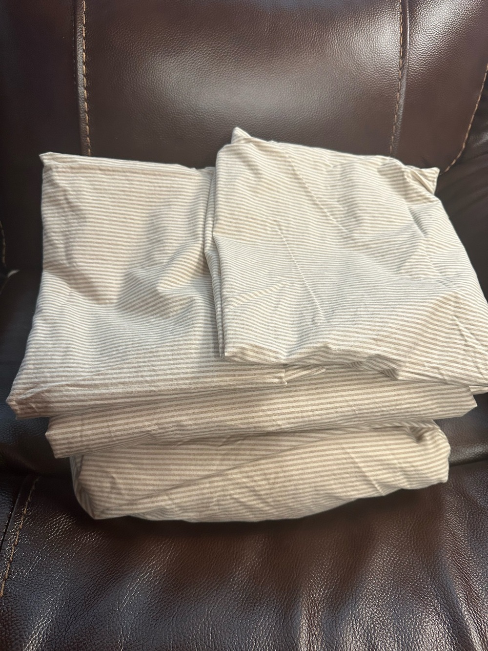 Vintage Ralph Lauren Oxford Tan White Stripe Pinstripe Full Sheet Set Classic